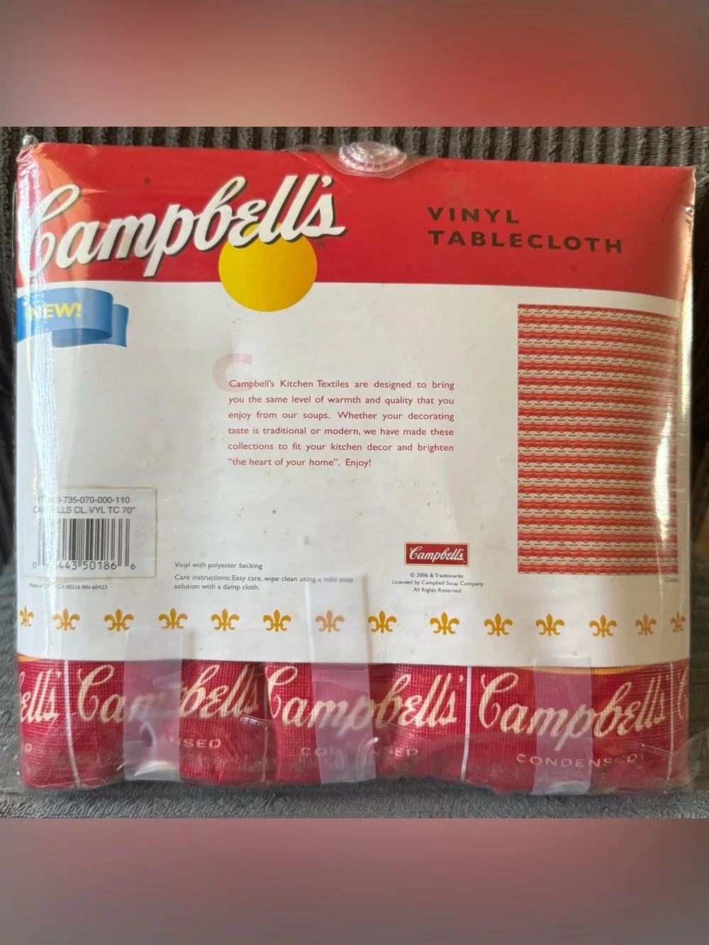 Vintage Red and Cream Campbell's Soup Vinyl Tablecloth New 70” Round